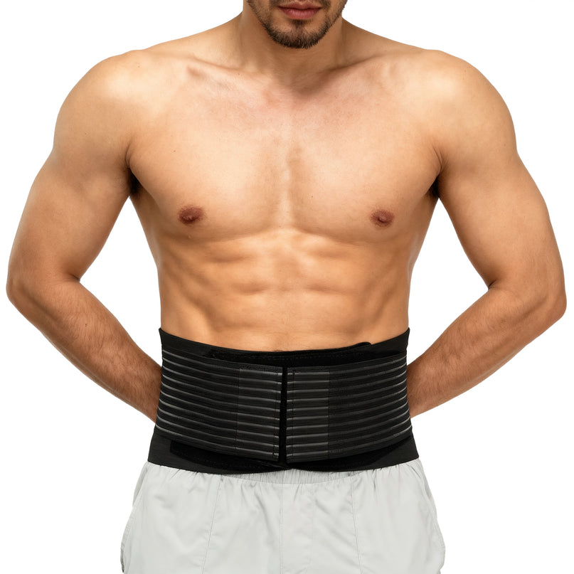 Back brace worn by man for lumbar support, front view