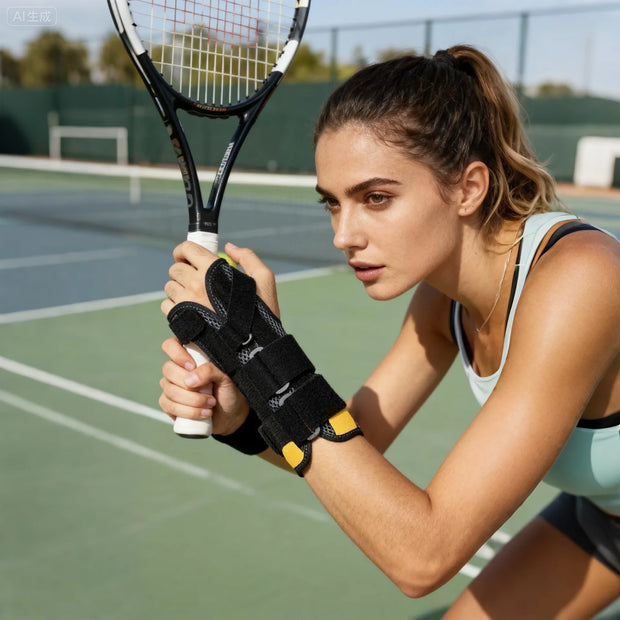 Lady playing tennis wearing the VerveShield wrist brace