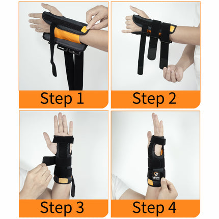 Step-by-step guide on how to wear a black wrist support brace with orange accents.