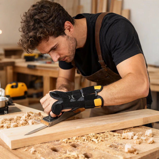 Man sanding a wooden board in a workshop