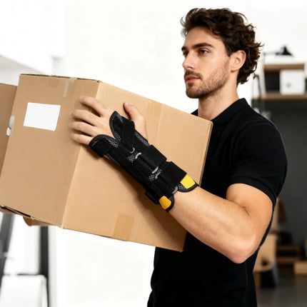 Man holding a cardboard box wearing black gloves with yellow accents.