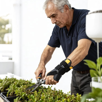 Man trimming plants with shears in a garden setting