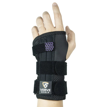 Black wrist support brace on a mannequin hand with 'Verve Shield' branding.