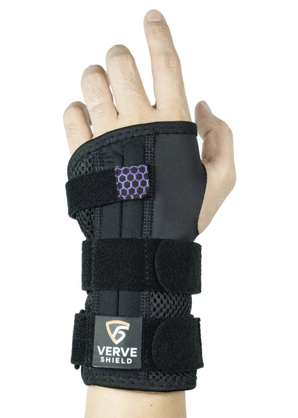 Black wrist support brace on a mannequin hand with 'Verve Shield' branding.