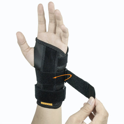 Black wrist support brace on a white background