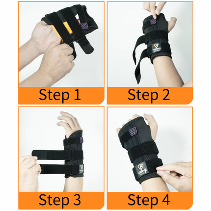 Step-by-step guide on how to wear a black wrist support brace with orange accents.