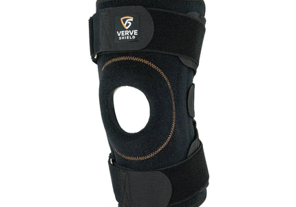 Black knee brace with 'Verve Shield' branding on a white background