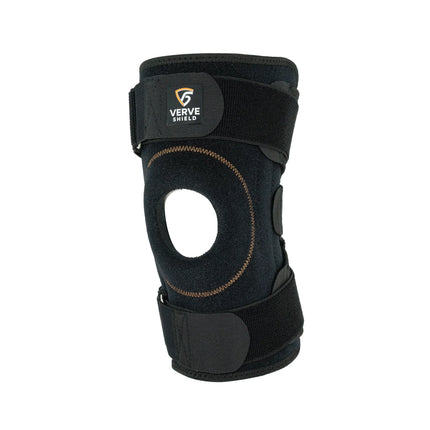 Black knee brace with 'Verve Shield' branding on a white background