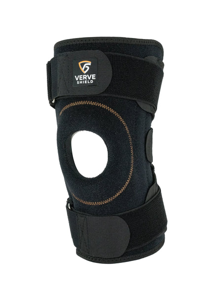 Black knee brace with 'Verve Shield' branding on a white background