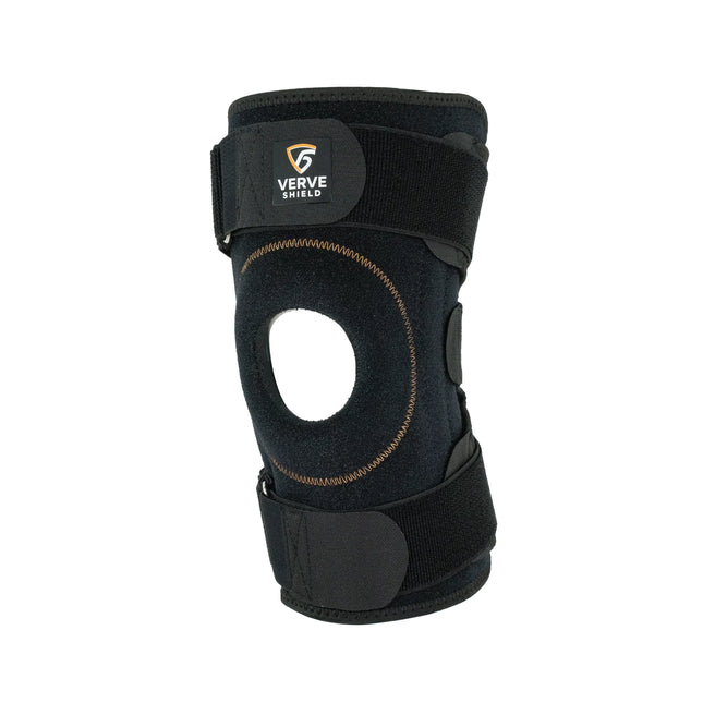 Black knee brace with 'Verve Shield' branding on a white background
