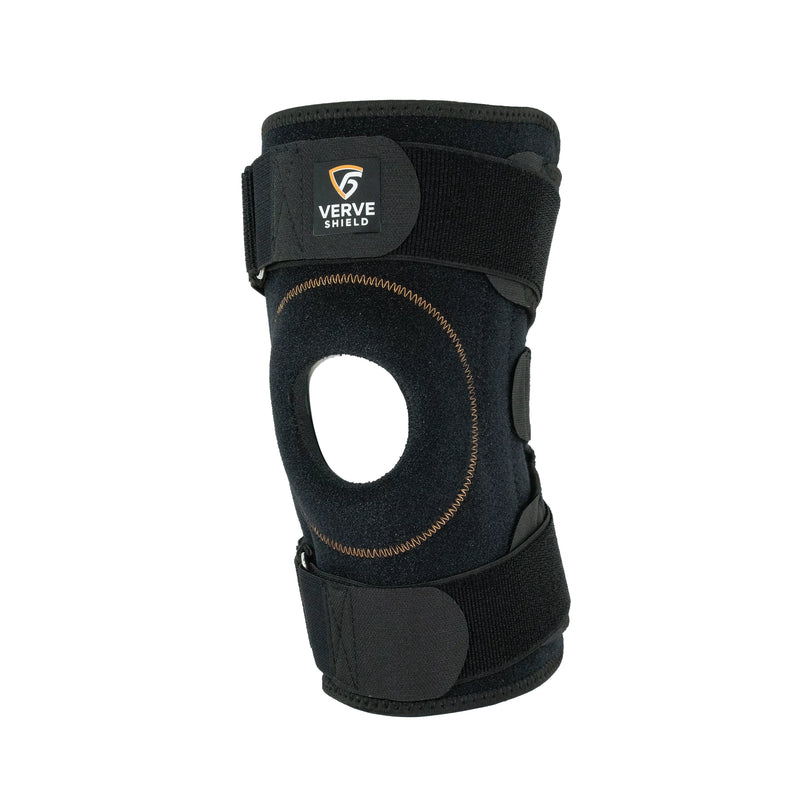 Black knee brace with 'Verve Shield' branding on a white background