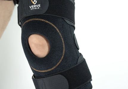 Black knee brace with 'Verve Shield' logo on a white background