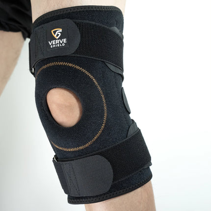 Black knee brace with 'Verve Shield' logo on a white background