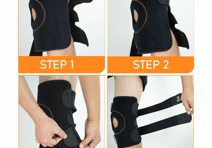 Step-by-step guide on how to put on a black knee brace with orange labels.
