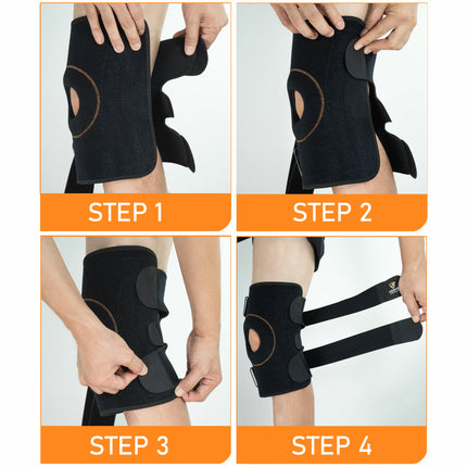 Step-by-step guide on how to put on a black knee brace with orange labels.