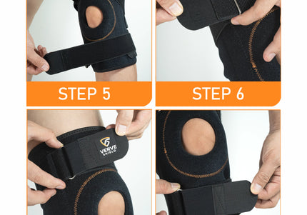 Steps to wear a knee brace with Verve Shield branding.