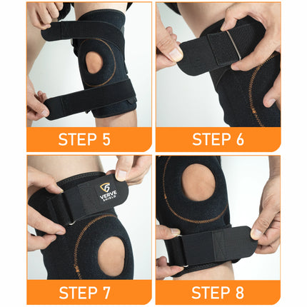 Steps to wear a knee brace with Verve Shield branding.
