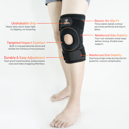 Knee brace with labeled features on a white background