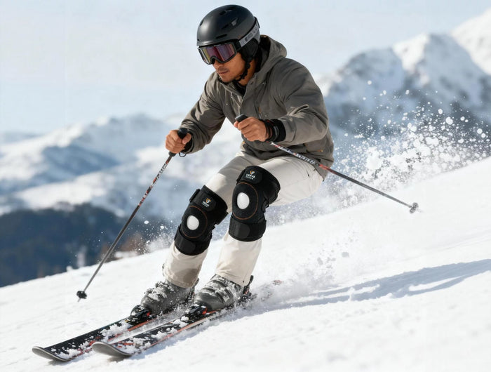 Man wearing a VerveShield VK-02 knee brace skiing down with mountains in the background