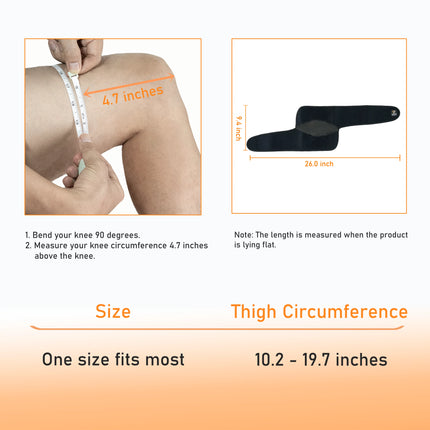 Measurement guide for a product showing how to measure thigh circumference and the product's dimensions.