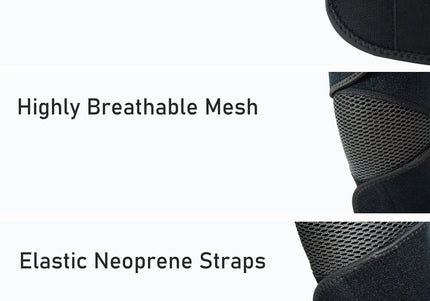 knee brace showing velcro, breathable mesh, and elastic neoprene straps
