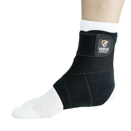 Black ankle support brace on a white background with 'Verve Shield' branding.