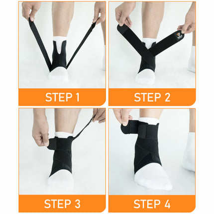 Step-by-step guide on how to put on a black ankle support brace with text labels.