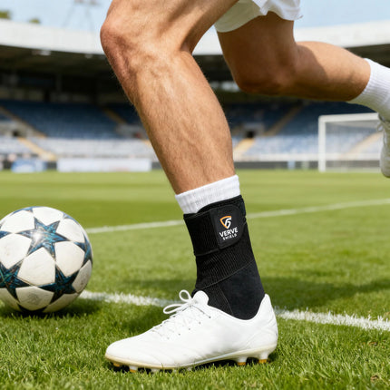 Person on a soccer field wearing a black ankle support brace with 'Verve' branding.