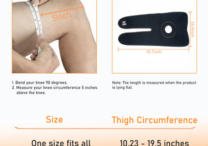 Measurement guide for a knee support product with instructions and size chart.