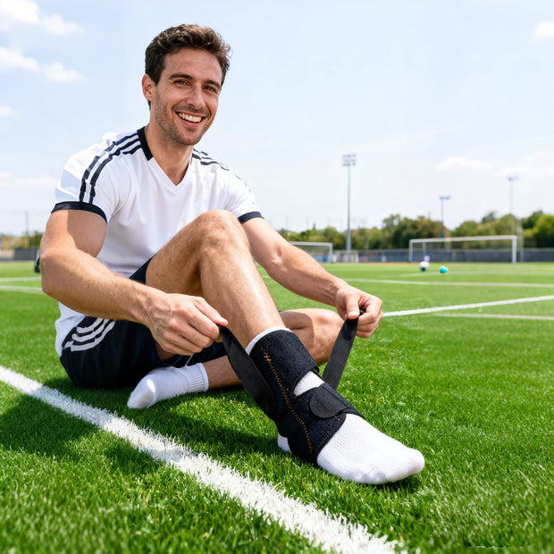 Soccer player is wearing a  VerveShield ankle support brace.