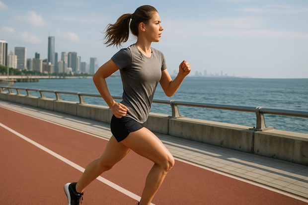 A Caucasian American woman, wearing a short-sleeved T-shirt and shorts, is running on a jogging track along a city coastline. The subject is shown in profile, showing the entire body. The image has an aspect ratio of 16:9, with the subject occupying 50% of the image.