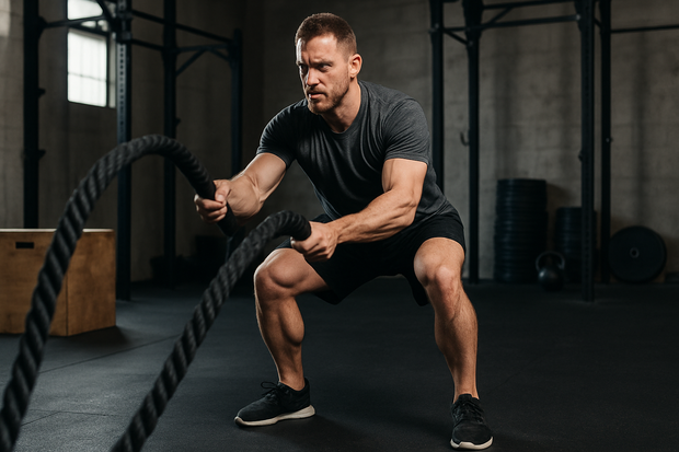 A Caucasian European man is doing CrossFit or HIIT. This person is shown the entire body. The image has an aspect ratio of 1:1, and the person occupies 40% of the image.