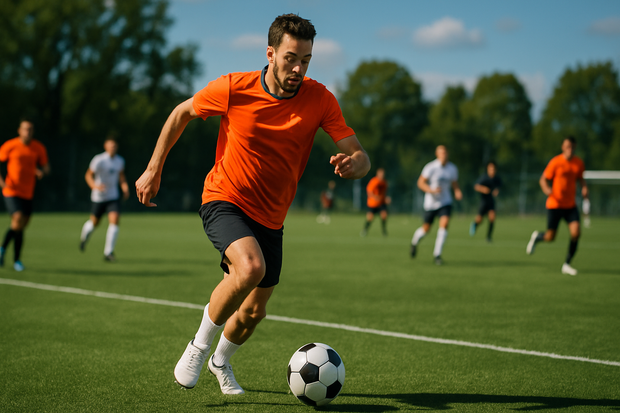 A man is playing soccer on an outdoor field. The subject is wearing an orange jersey and is in a full-body shot. The background must match the atmosphere of a soccer game and must include other players. The aspect ratio of the image is 16:9, and the subject must occupy 40% of the image.