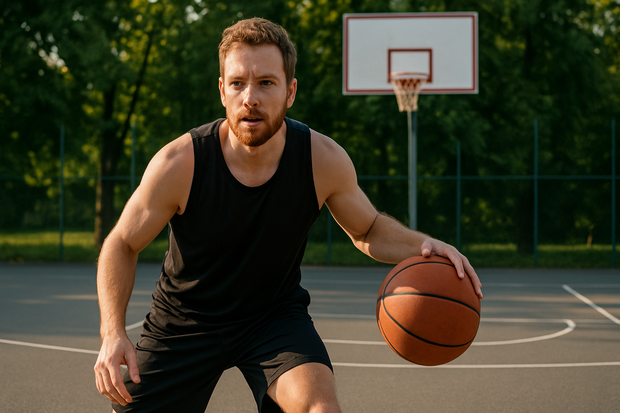 A white American man plays basketball on an outdoor court. The image shows him dribbling the ball. The subject is viewed from the front, and his knees must be visible. The basketball hoop should be visible in the background. The image has a 16:9 aspect ratio, and the subject occupies 50% of the entire image.